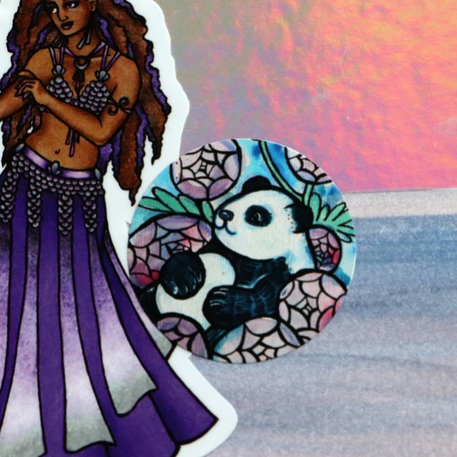 Sticker Rond Panda Ours Violet Fleurs Amateurs de la nature (Créateur téléchargé)