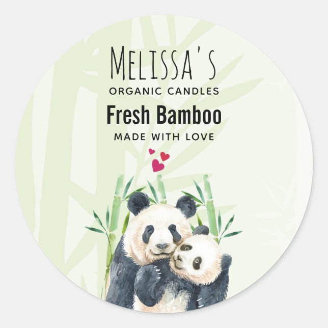 Sticker Rond Panda Pair Cute & Bambou Aquarelle Bougie Savon (Devant)
