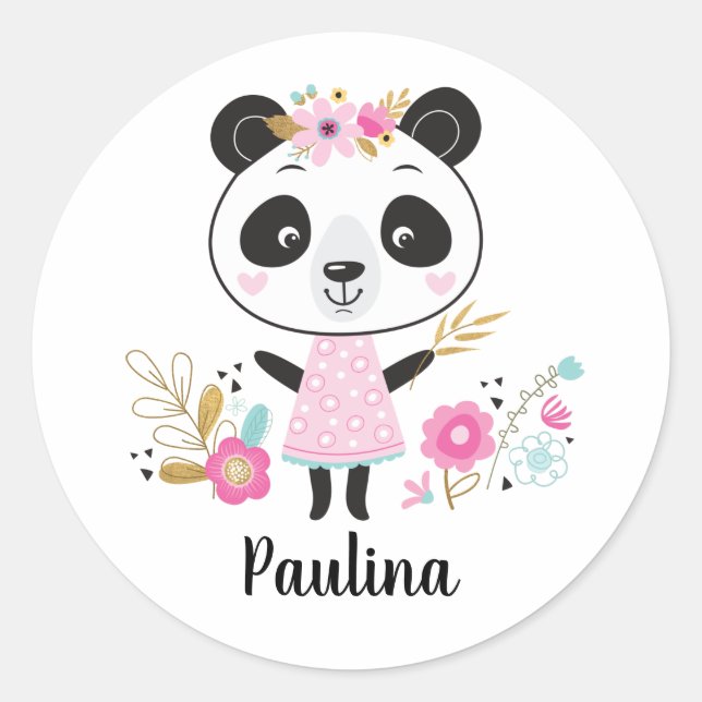 Sticker Rond Panda rose Personnalisé Adorable Fille (Devant)