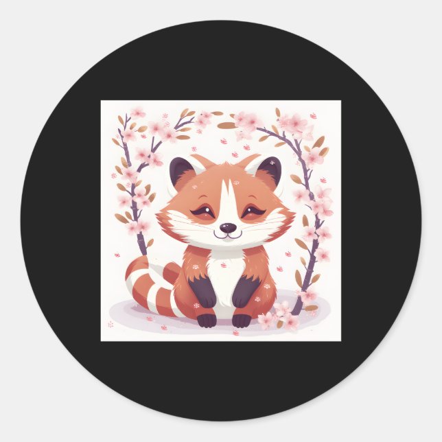 Sticker Rond Panda rouge cerise en fleur Adorable (Devant)