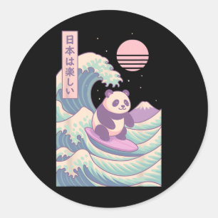 Sticker Rond Panda surfant sur une vague japonaise Japon