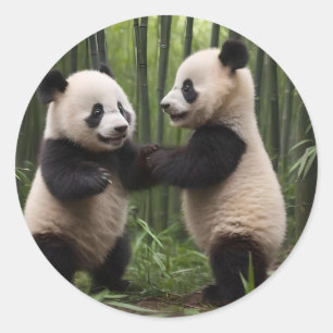 Sticker Rond Pandas Bébés En Jeu Dans Une Forêt De Bambou,