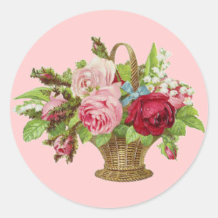 Sticker Rond Panier à fleurs Rose vintage