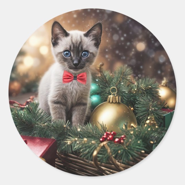 Sticker Rond Panier cadeau Kitten Joli Noël Joyeux Fêtes (Devant)