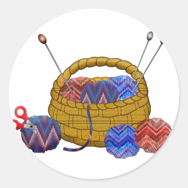 Sticker Rond Panier d'aiguilles en Tricot de fils Crochet Craft (Devant)