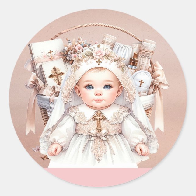 Sticker Rond Panier de baptême d'or Rose (Devant)