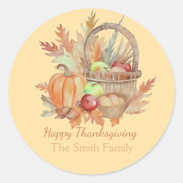 Sticker Rond Panier de Bon thanksgiving d'aquarelle personnalis (Devant)