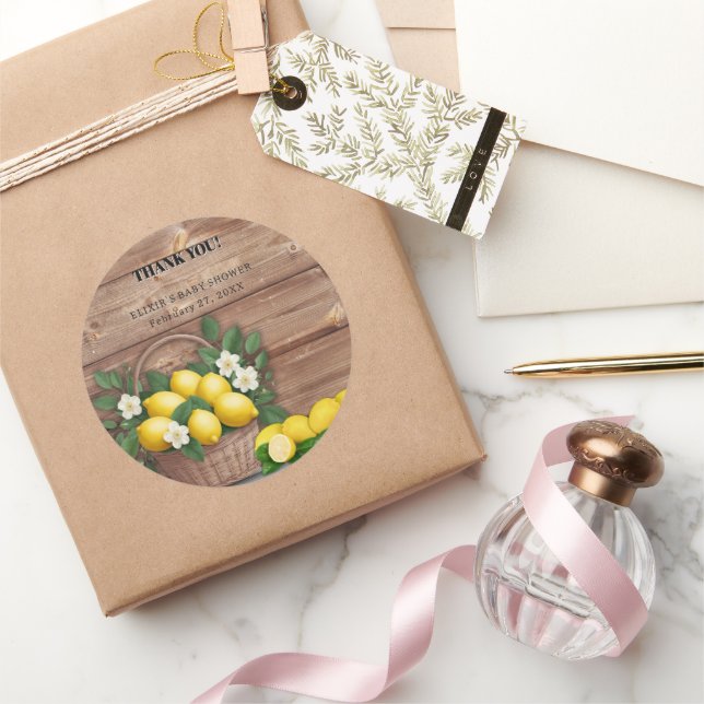 Sticker Rond Panier de citron rustique Baby shower moderne (Cadeaux)