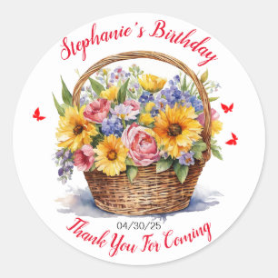 Sticker Rond Panier De Fleurs Violettes Rose Jaune
