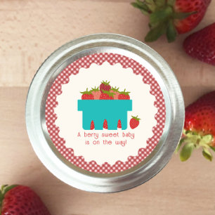 Sticker Rond Panier de fraises En vichy Baby shower doux aux ba