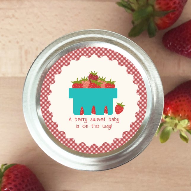 Sticker Rond Panier de fraises En vichy Baby shower doux aux ba (Créateur téléchargé)