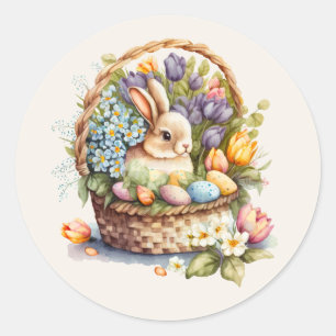 Sticker Rond Panier de lapin vintage Pâques Fleurs pastel