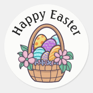 Sticker Rond Panier de Pâques heureux, œufs de Pâques et fleurs