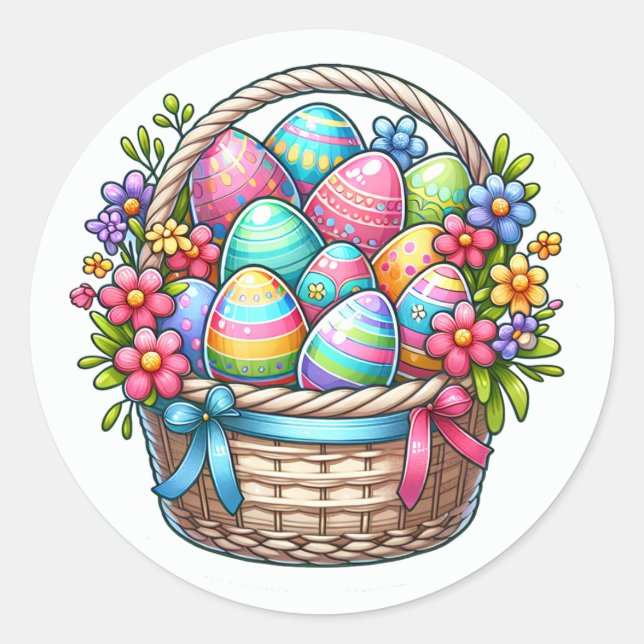 Sticker Rond Panier de Pâques mignon de feuilles d'œufs (Devant)