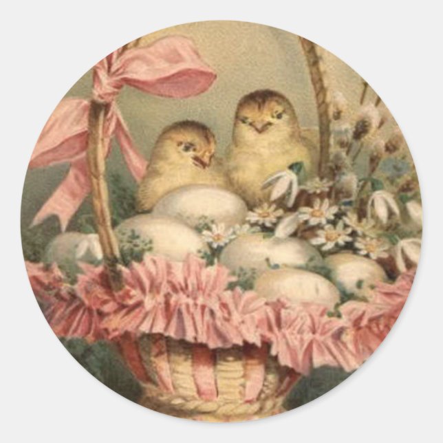 Sticker Rond Panier de Pâques Œuf Poussin Ruban Rose (Devant)