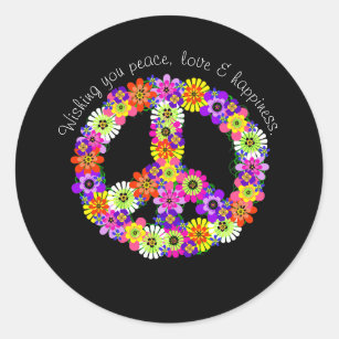 Sticker Rond Panneau de Paix Floral sur Black Peace Love Happin