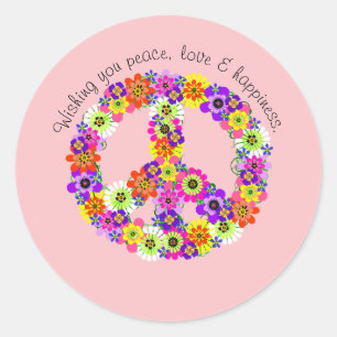 Sticker Rond Panneau de Paix Floral sur Pink Peace Love Happine