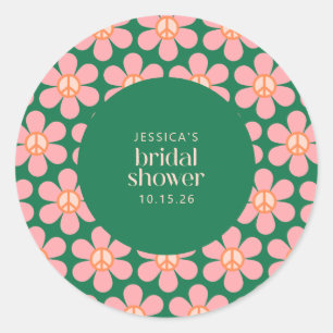 Sticker Rond Panneau de Paix Hippie Retro Fleur Vert Rose Douch
