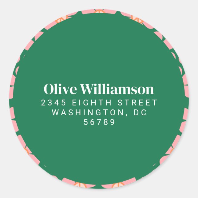 Sticker Rond Panneau de Paix Rétro Fleur Rose Vert Adresse de r (Devant)