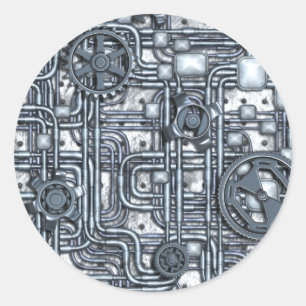 Sticker Rond Panneau de Steampunk - vitesses et tuyaux - acier
