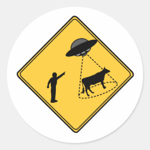Sticker Rond Panneau routier - Vache et ovnis