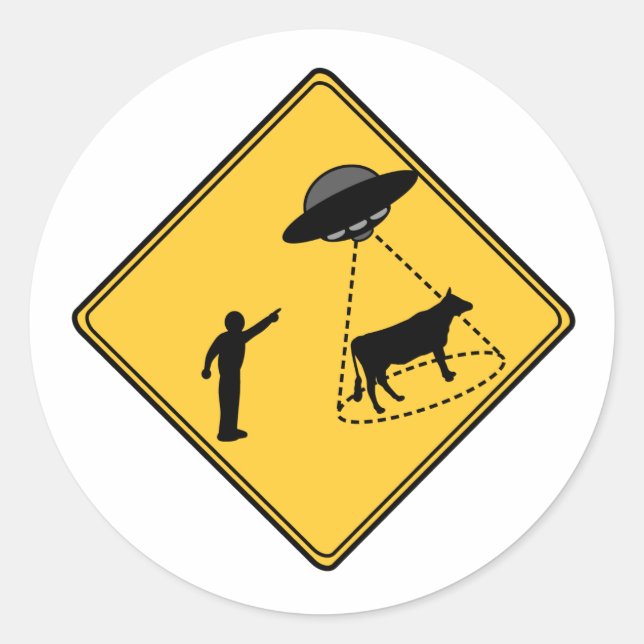 Sticker Rond Panneau routier - Vache et ovnis (Devant)