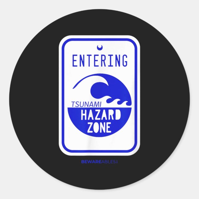 Sticker Rond Panneau routier Zone de danger de tsunami Plage et (Devant)