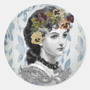 Sticker Rond Pansies d'une femme victorienne sur une tapisserie
