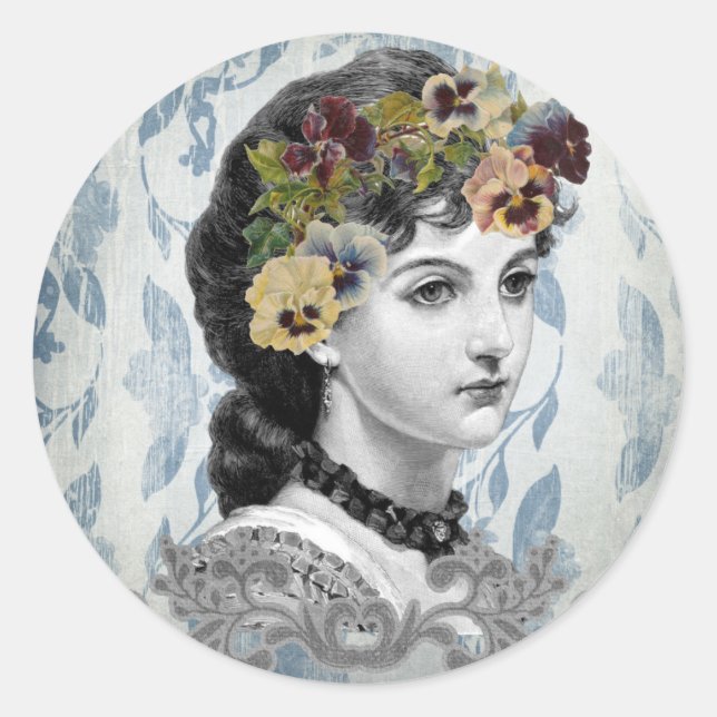 Sticker Rond Pansies d'une femme victorienne sur une tapisserie (Devant)