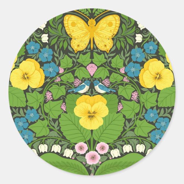 Sticker Rond Pansies jaunes, oiseaux et papillons (Devant)