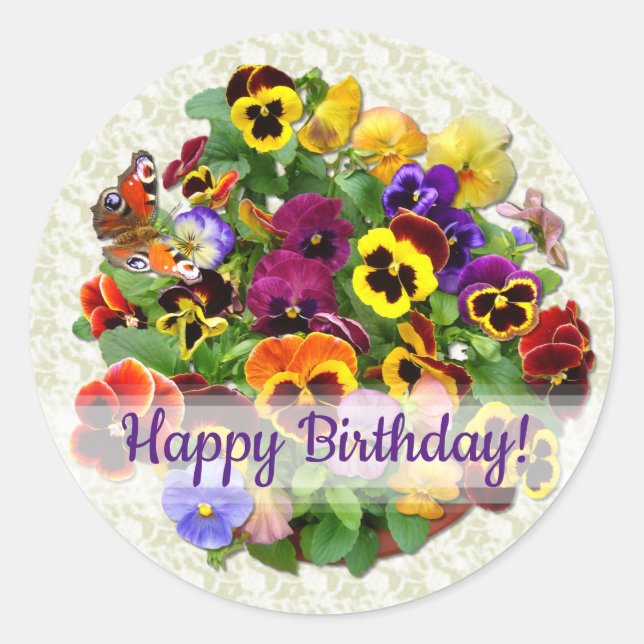 Sticker Rond Pansy Beauty Joyeux Anniversaire Texte personnalis (Devant)