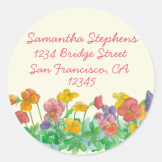 Sticker Rond Pansy Watercolor Flowers Adresse de retour