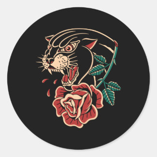 Sticker Rond Panther Rose Américaine Traditionnelle Tatouage En