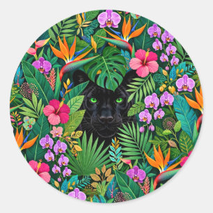 Sticker Rond Panthère noire Fleurs de jungle et feuillage tropi