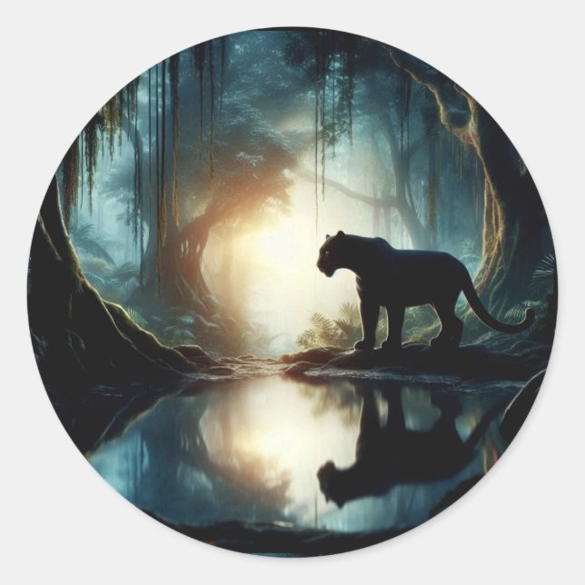 Sticker Rond Panthère noire reflétée dans la piscine d'eau dans (Devant)