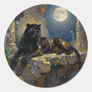 Sticker Rond Panthère noire sous la pleine lune