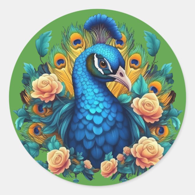 Sticker Rond Paon avec des roses de Chine (Devant)