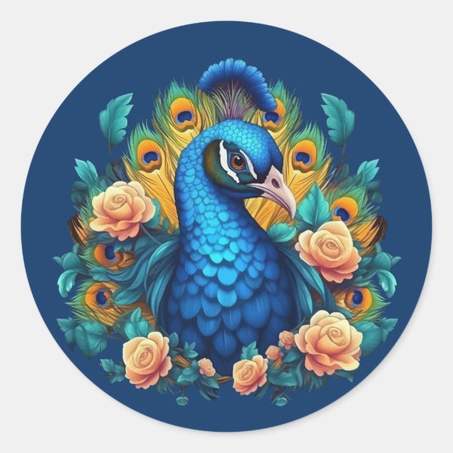 Sticker Rond Paon avec roses de Chine (Devant)