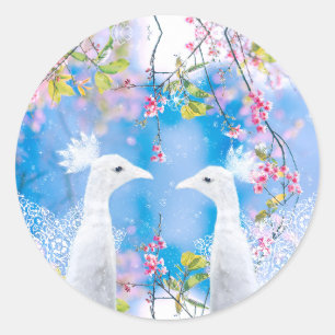 Sticker Rond Paon blanc et sakura en fleurs / Amour romantique