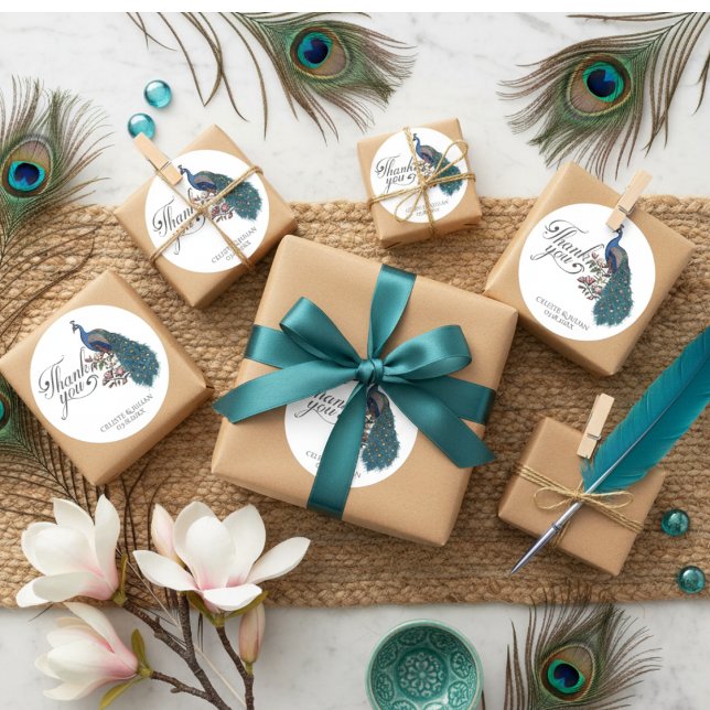 Sticker Rond Paon sarcelle chic Merci (Elegant Peacock Wedding Thank You Stickers. Teal  Script, Chic Blue Teal Peacock for Bridal Shower)