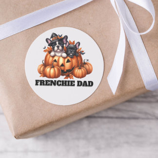 Sticker Rond Papa Bouledogue Français Halloween Citrouilles