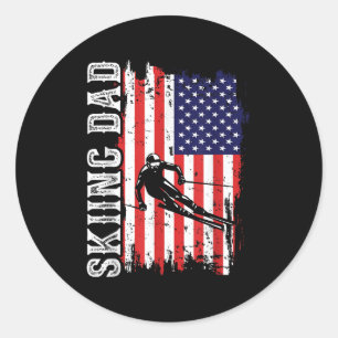 Sticker Rond Papa de ski d'hiver pour amant de ski drapeau Usa 