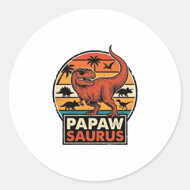 Sticker Rond Papawsaurus Rétro Dinosaure Coucher de Soleil Vect (Devant)