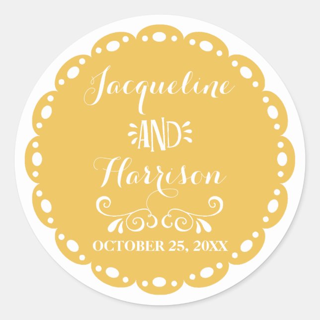 Sticker Rond Papel Picado Enveloppe Sceau Fiesta Jaune Mariage (Devant)