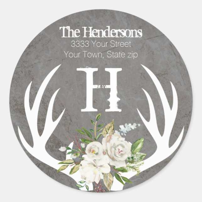 Sticker Rond Papier à lettre Floral Boho Rustique avec Monogram (Devant)