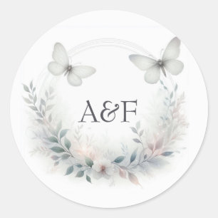 Sticker Rond Papier à Lettre Mariage Monogramme Papillon de la