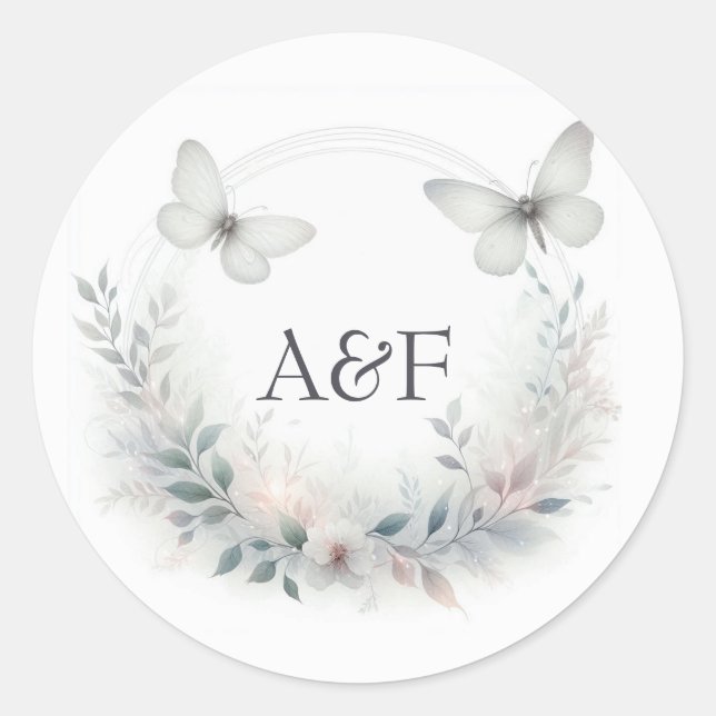 Sticker Rond Papier à Lettre Mariage Monogramme Papillon de la  (Devant)