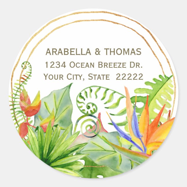 Sticker Rond Papier à Lettre Tropical à Motif Floral Aquarelle (Devant)