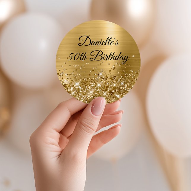 Sticker Rond Papier alu doré pailleté 50e anniversaire (Glittery Gold Foil 50th Birthday Classic Round Sticker)