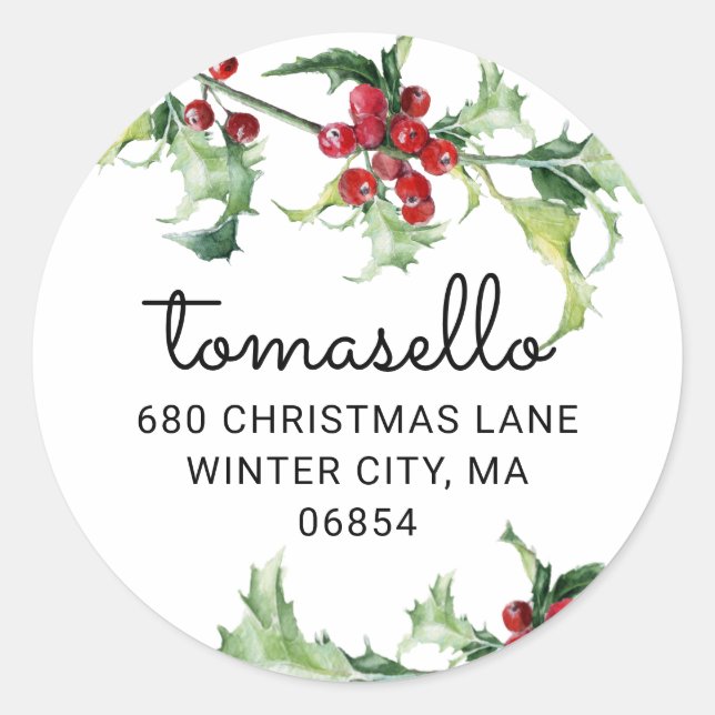 Sticker Rond Papier aquarelle de Noël Baies de houx Adresse de  (Devant)